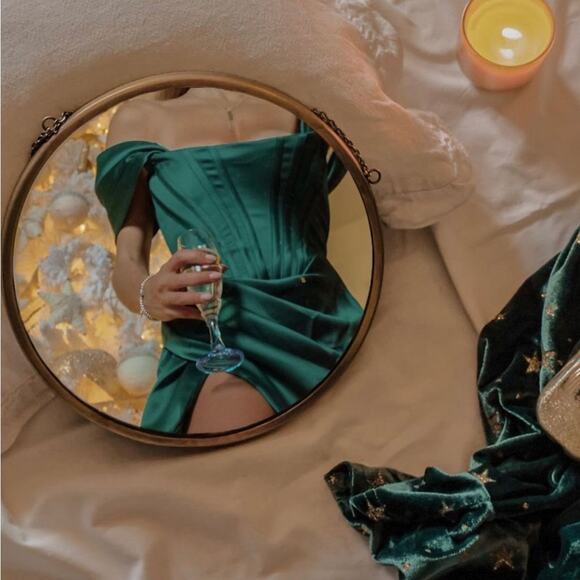 HOUSE OF CB Loretta Emerald Green Off Shoulder Draped Corset Silk Satin Dress - Picture 9 of 15